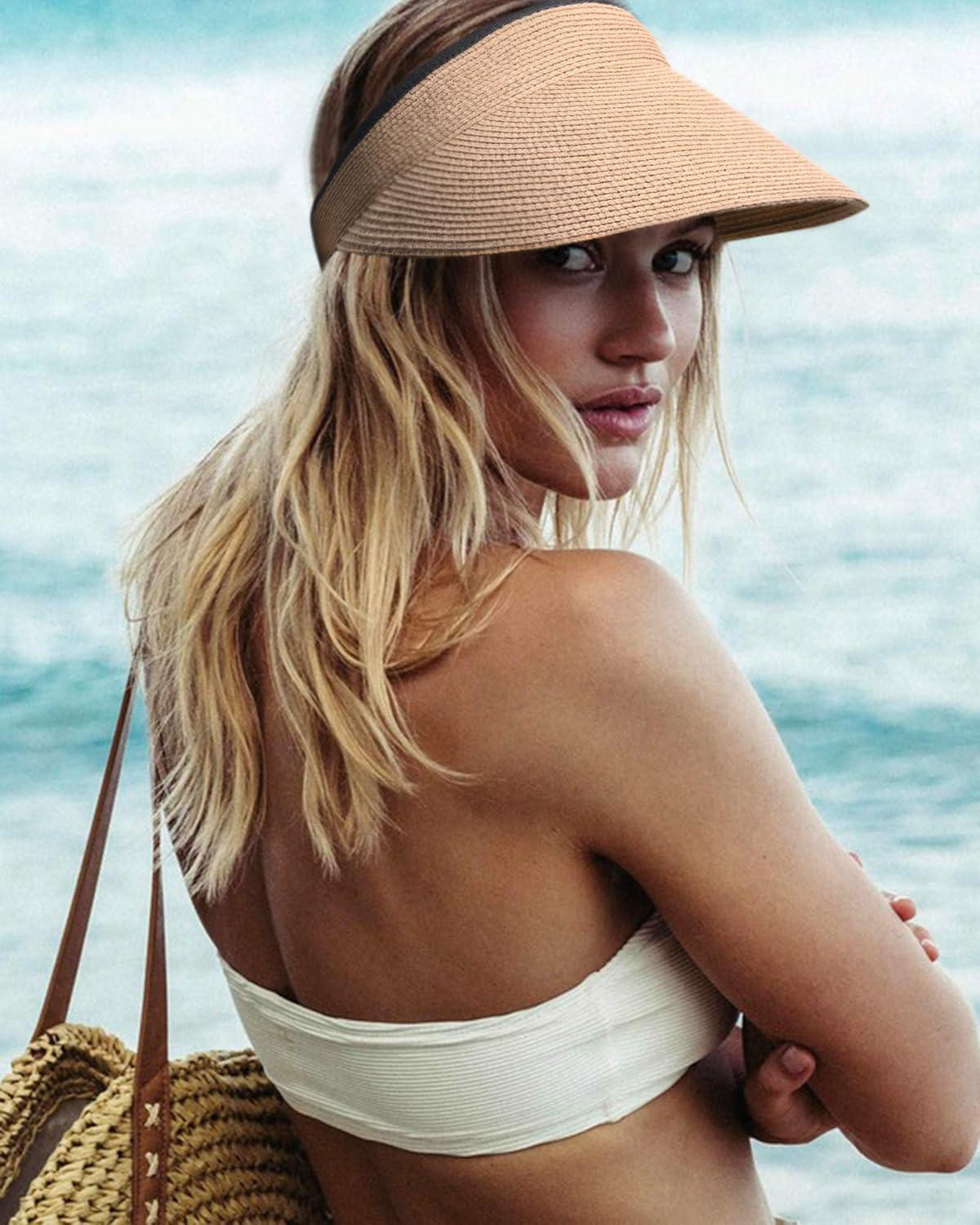 imageFURTALK Womens Sun Visor Hat Straw Sun Visors for Women Summer Packable Ponytail Beach Hats for Women Travel UPF 80A Black