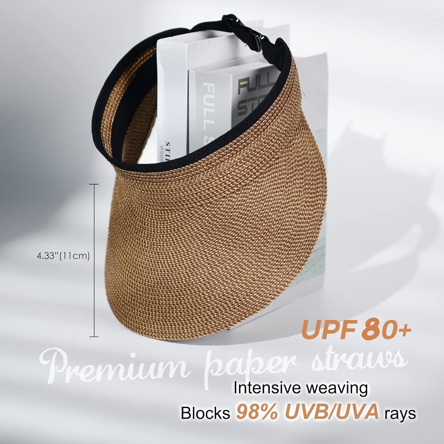 imageFURTALK Womens Sun Visor Hat Straw Sun Visors for Women Summer Packable Ponytail Beach Hats for Women Travel UPF 80Brown