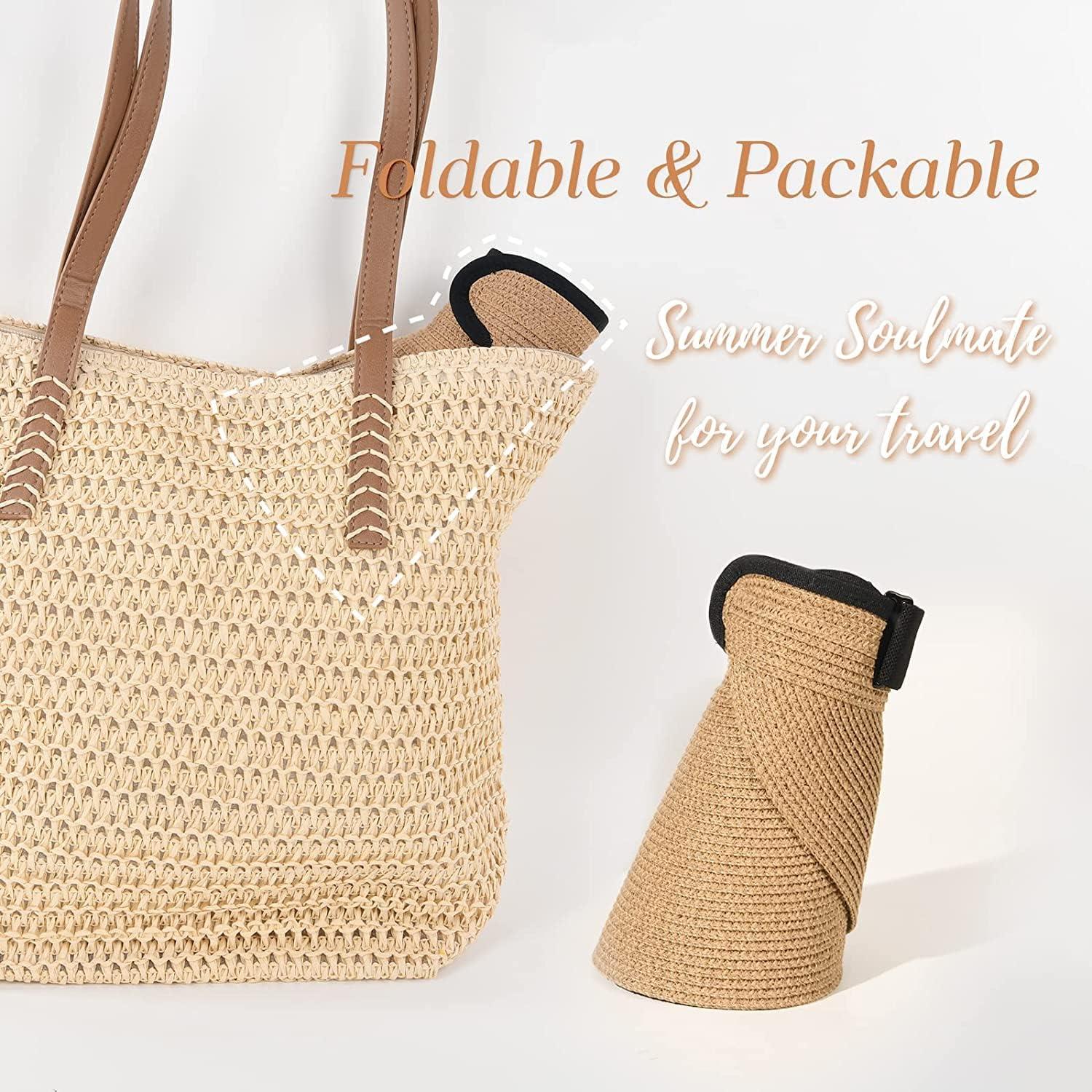 imageFURTALK Womens Sun Visor Hat Straw Sun Visors for Women Summer Packable Ponytail Beach Hats for Women Travel UPF 80Khaki
