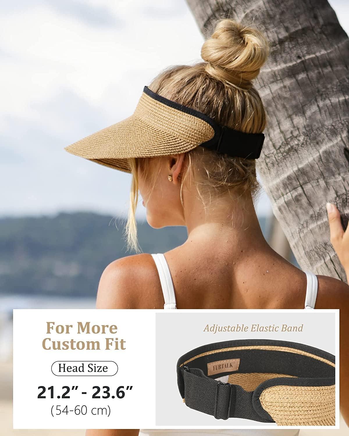 imageFURTALK Womens Sun Visor Hat Straw Sun Visors for Women Summer Packable Ponytail Beach Hats for Women Travel UPF 80Khaki