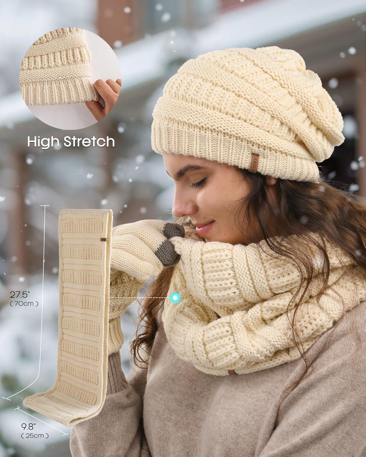 imageFURTALK Womens Winter Knit Beanie Hat Gloves Scarf Set 3 Pcs Gift Slouchy Beanie Touchscreen Gloves Scarf Warmer for WomenBeige