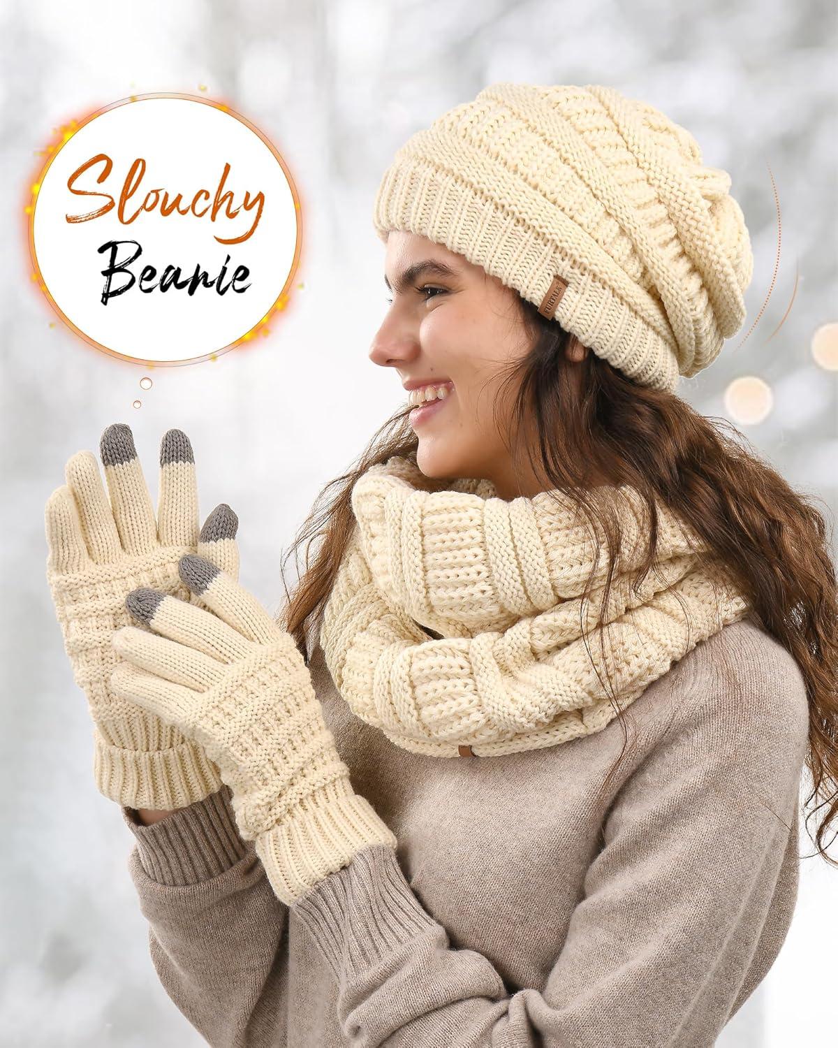 imageFURTALK Womens Winter Knit Beanie Hat Gloves Scarf Set 3 Pcs Gift Slouchy Beanie Touchscreen Gloves Scarf Warmer for WomenBeige