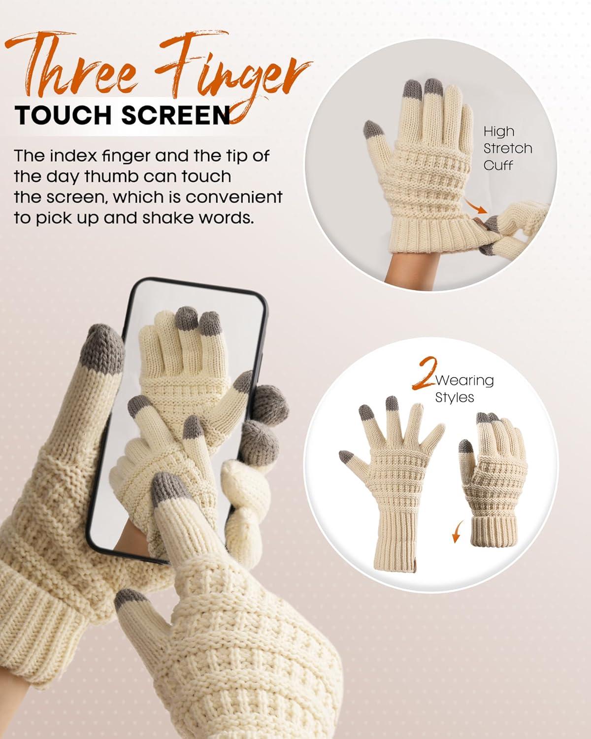 imageFURTALK Womens Winter Knit Beanie Hat Gloves Scarf Set 3 Pcs Gift Slouchy Beanie Touchscreen Gloves Scarf Warmer for WomenBeige