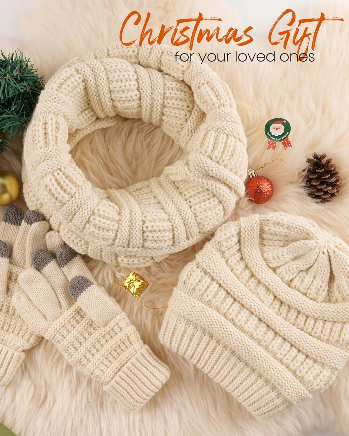 imageFURTALK Womens Winter Knit Beanie Hat Gloves Scarf Set 3 Pcs Gift Slouchy Beanie Touchscreen Gloves Scarf Warmer for WomenBeige