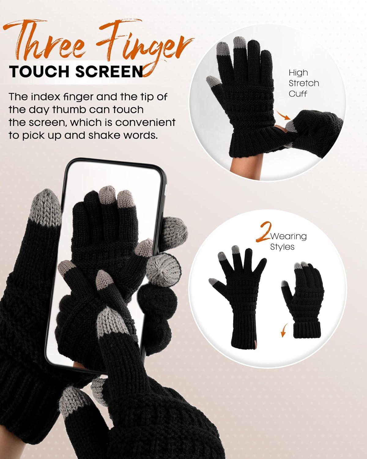 imageFURTALK Womens Winter Knit Beanie Hat Gloves Scarf Set 3 Pcs Gift Slouchy Beanie Touchscreen Gloves Scarf Warmer for WomenBlack