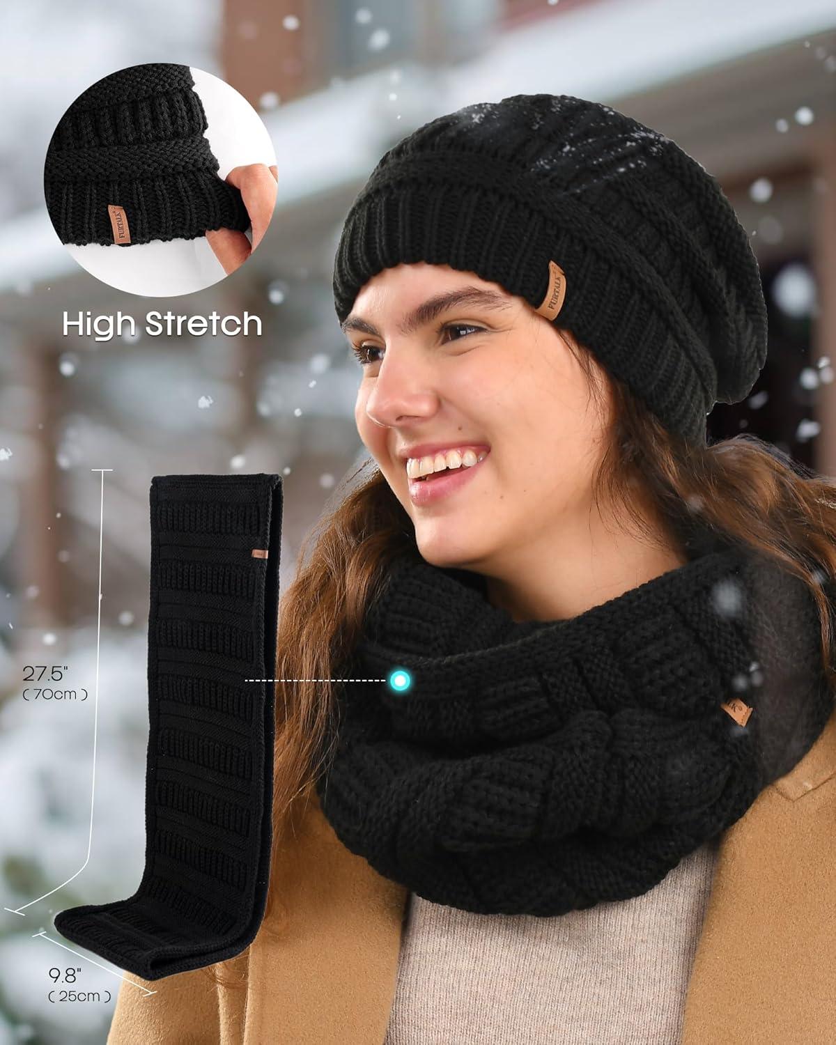 imageFURTALK Womens Winter Knit Beanie Hat Gloves Scarf Set 3 Pcs Gift Slouchy Beanie Touchscreen Gloves Scarf Warmer for WomenBlack