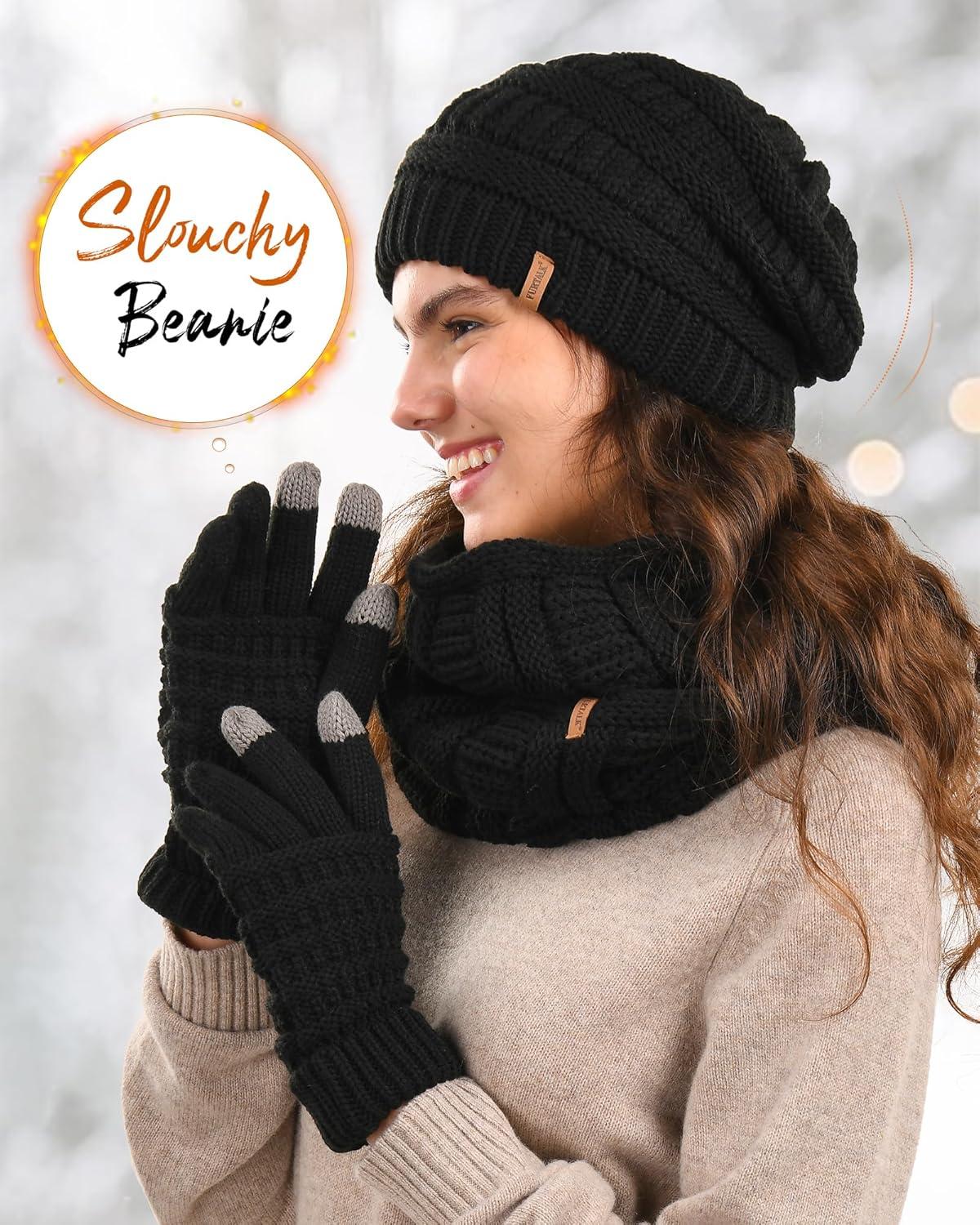 imageFURTALK Womens Winter Knit Beanie Hat Gloves Scarf Set 3 Pcs Gift Slouchy Beanie Touchscreen Gloves Scarf Warmer for WomenBlack