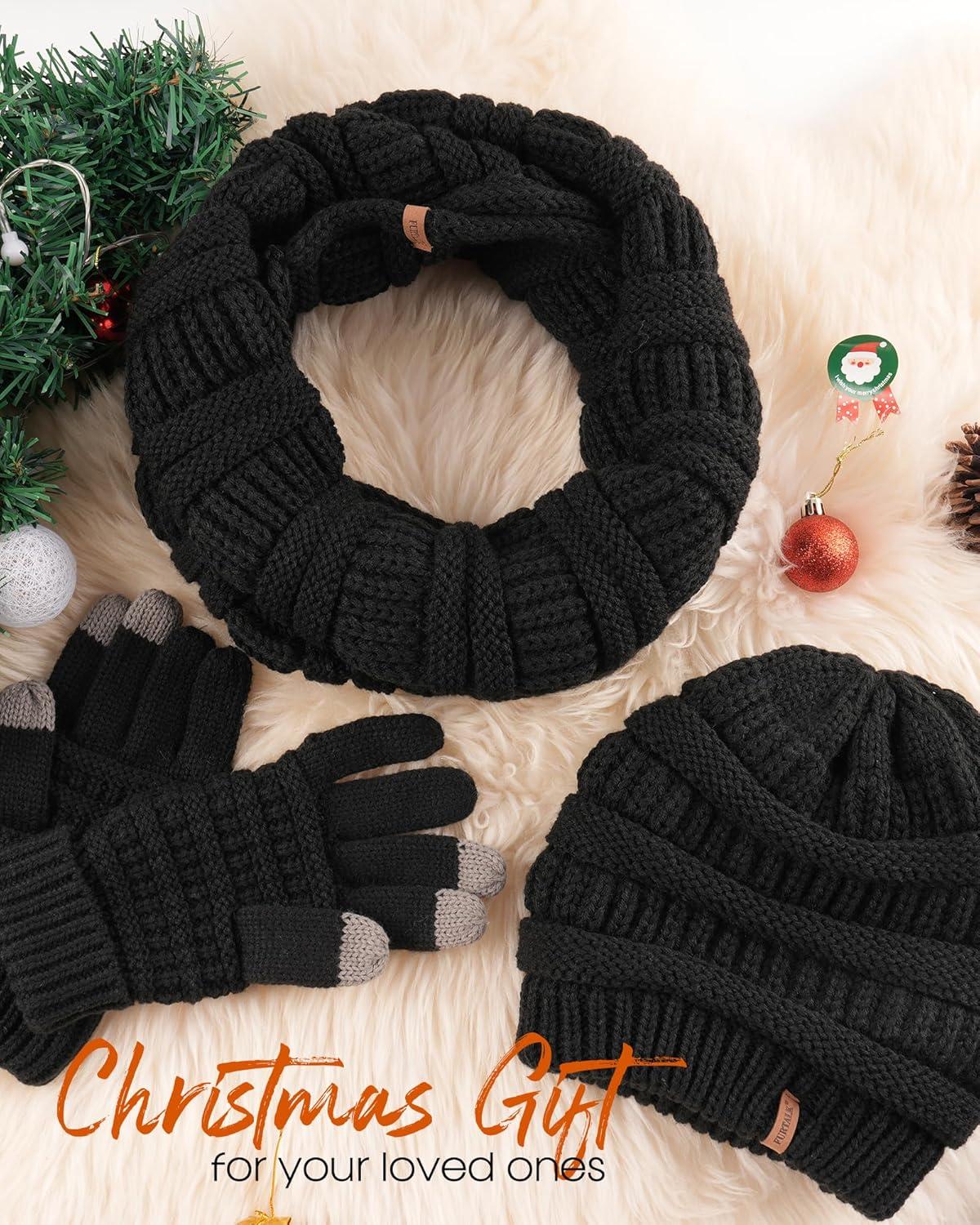 imageFURTALK Womens Winter Knit Beanie Hat Gloves Scarf Set 3 Pcs Gift Slouchy Beanie Touchscreen Gloves Scarf Warmer for WomenBlack
