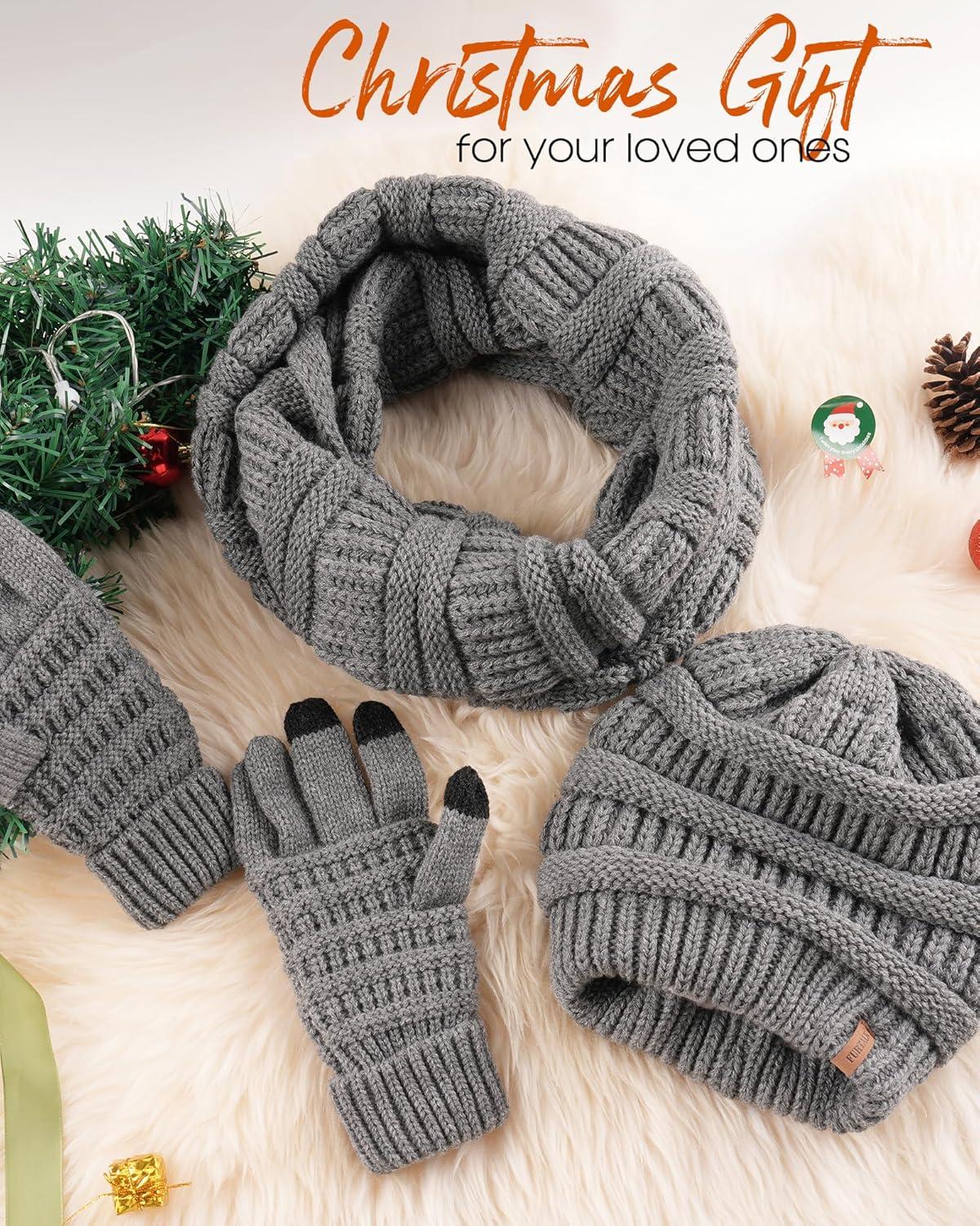 imageFURTALK Womens Winter Knit Beanie Hat Gloves Scarf Set 3 Pcs Gift Slouchy Beanie Touchscreen Gloves Scarf Warmer for WomenDark Grey