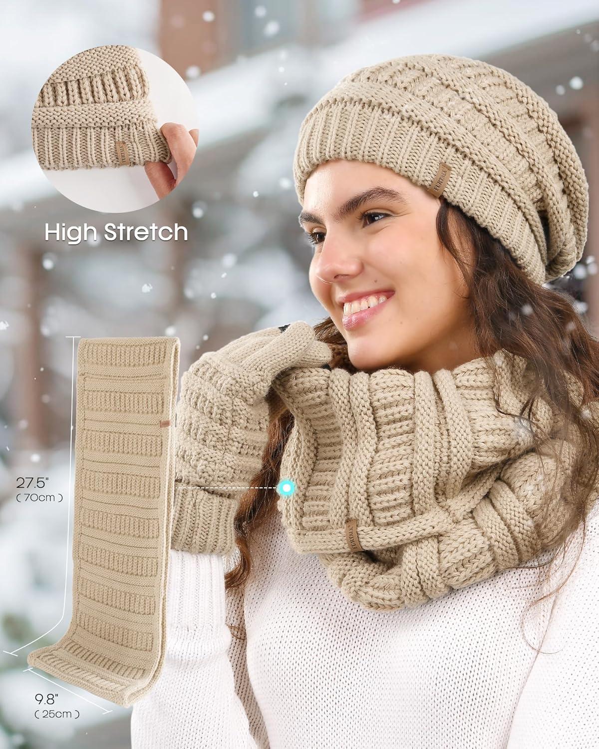 imageFURTALK Womens Winter Knit Beanie Hat Gloves Scarf Set 3 Pcs Gift Slouchy Beanie Touchscreen Gloves Scarf Warmer for WomenSmoke Grey