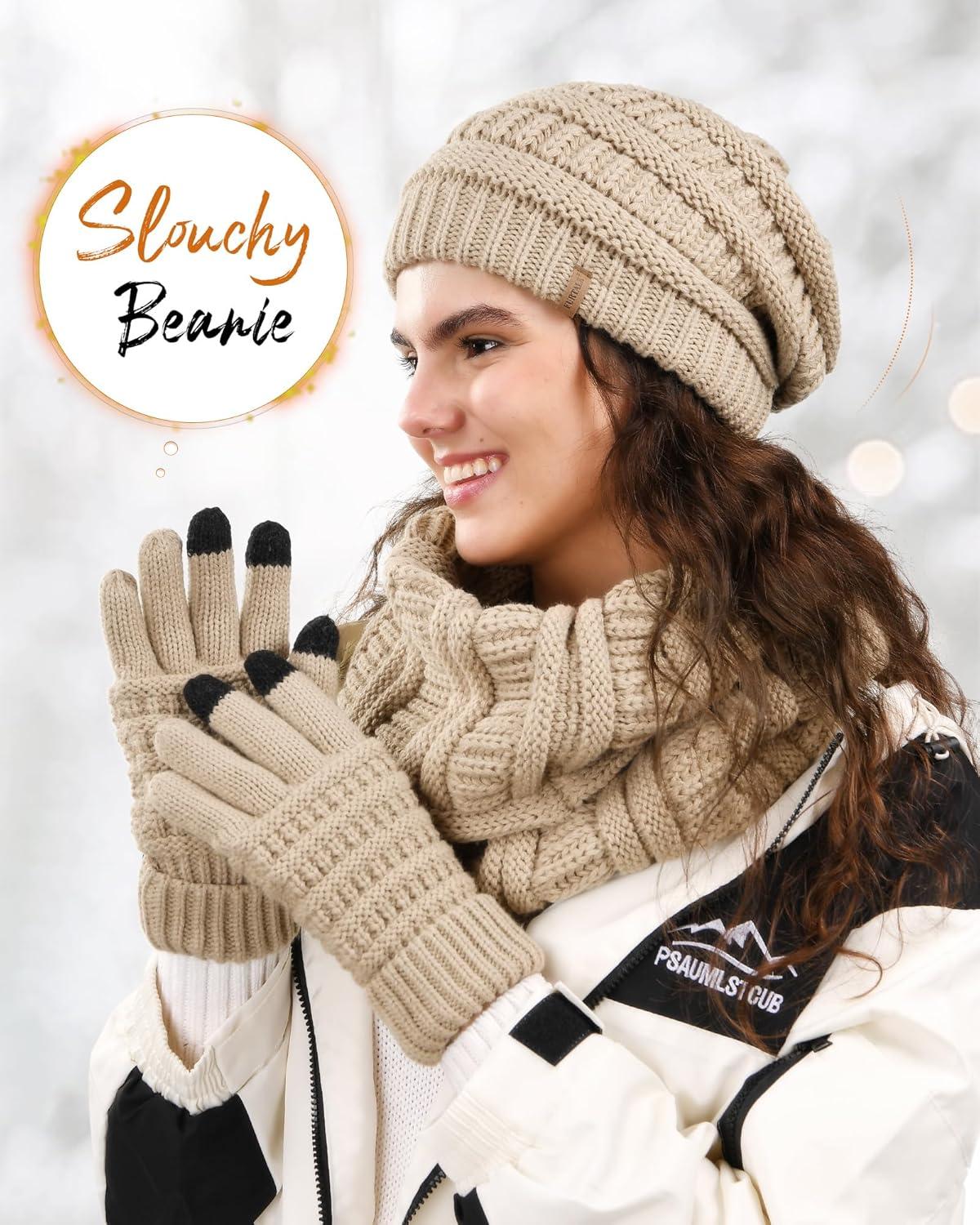 imageFURTALK Womens Winter Knit Beanie Hat Gloves Scarf Set 3 Pcs Gift Slouchy Beanie Touchscreen Gloves Scarf Warmer for WomenSmoke Grey