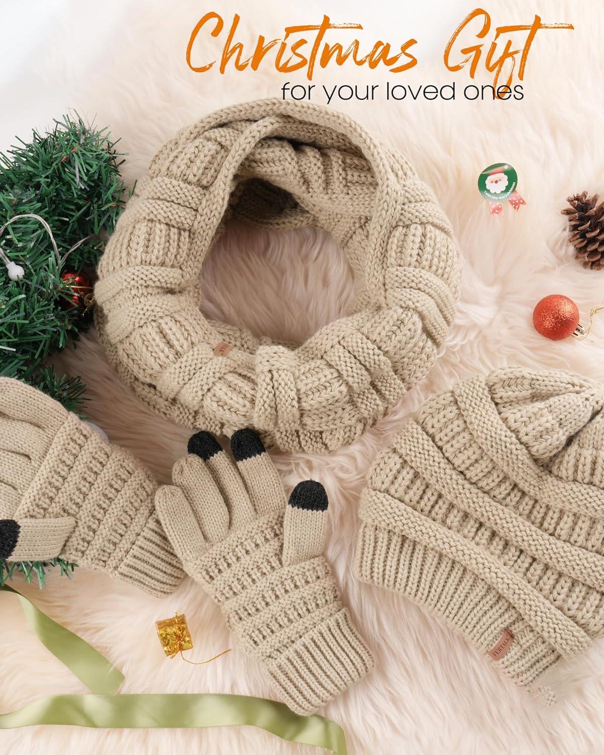 imageFURTALK Womens Winter Knit Beanie Hat Gloves Scarf Set 3 Pcs Gift Slouchy Beanie Touchscreen Gloves Scarf Warmer for WomenSmoke Grey