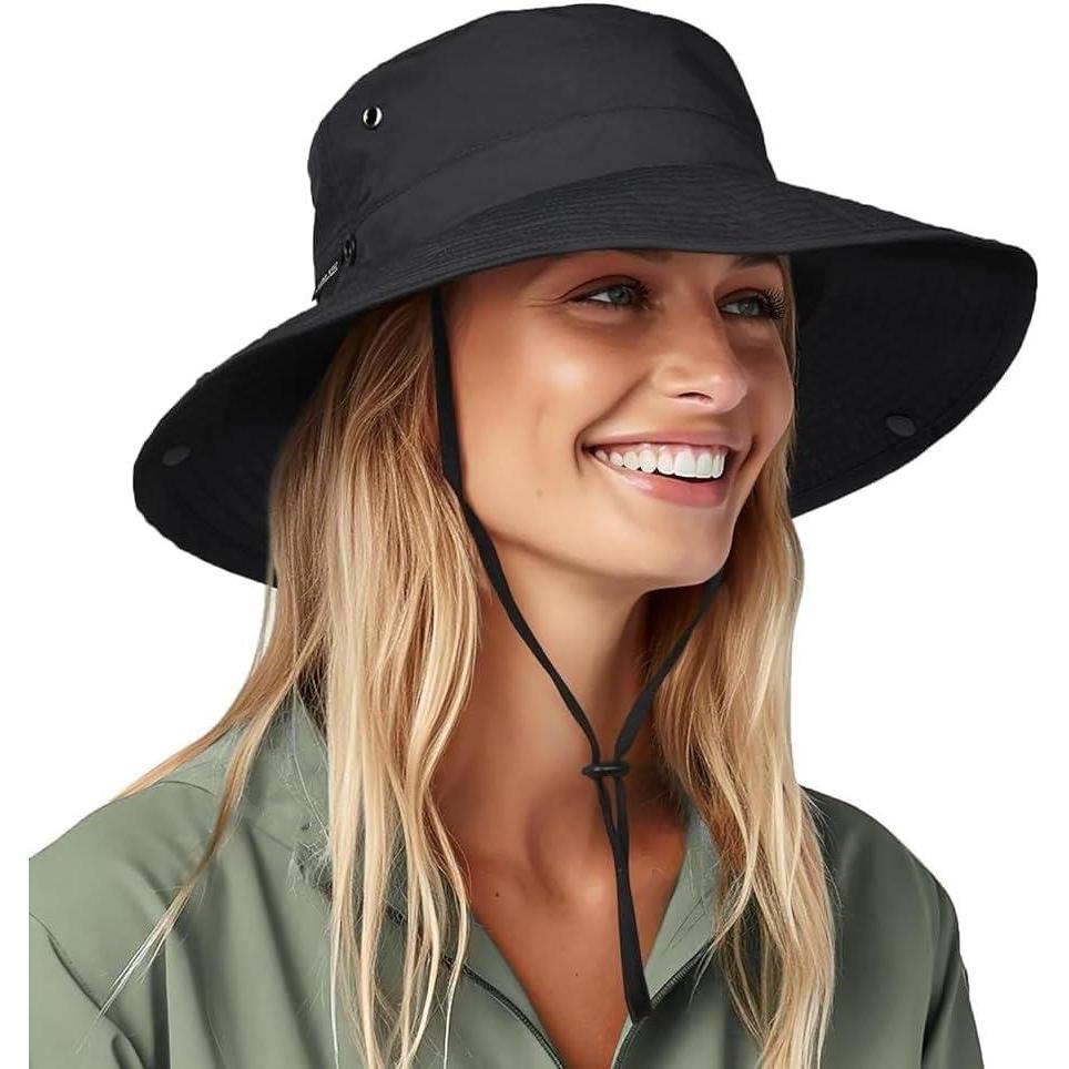 imageFURTALK Sun Hats for Women Ponytail UPF 80 Beach Summer Hat Wide Brim Packable Cowboy HatPure Black