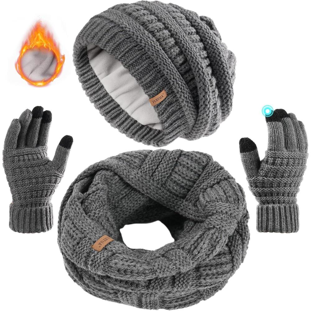 imageFURTALK Womens Winter Knit Beanie Hat Gloves Scarf Set 3 Pcs Gift Slouchy Beanie Touchscreen Gloves Scarf Warmer for WomenDark Grey