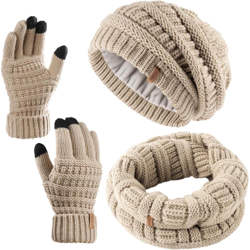 imageFURTALK Womens Winter Knit Beanie Hat Gloves Scarf Set 3 Pcs Gift Slouchy Beanie Touchscreen Gloves Scarf Warmer for WomenSmoke Grey