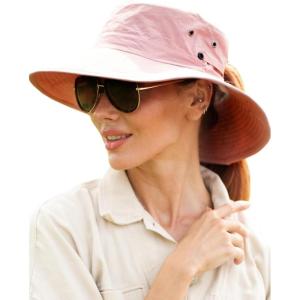imageFURTALK Sun Hats for Women Ponytail UPF 80 Beach Summer Hat Wide Brim Packable Cowboy HatPink