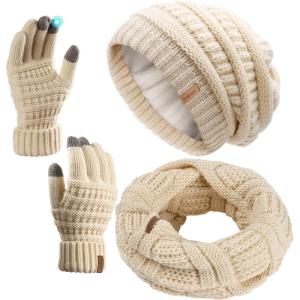 imageFURTALK Womens Winter Knit Beanie Hat Gloves Scarf Set 3 Pcs Gift Slouchy Beanie Touchscreen Gloves Scarf Warmer for WomenBeige
