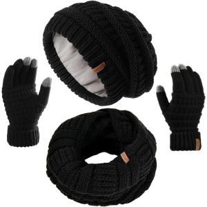 imageFURTALK Womens Winter Knit Beanie Hat Gloves Scarf Set 3 Pcs Gift Slouchy Beanie Touchscreen Gloves Scarf Warmer for WomenBlack