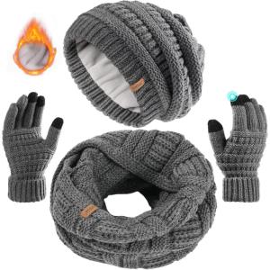 imageFURTALK Womens Winter Knit Beanie Hat Gloves Scarf Set 3 Pcs Gift Slouchy Beanie Touchscreen Gloves Scarf Warmer for WomenDark Grey