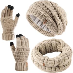 imageFURTALK Womens Winter Knit Beanie Hat Gloves Scarf Set 3 Pcs Gift Slouchy Beanie Touchscreen Gloves Scarf Warmer for WomenSmoke Grey
