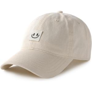 imageFURTALK Smile Face Baseball Cap for Women Men Adjustable Unstructured Washed Low Profile Baseball HatBeige