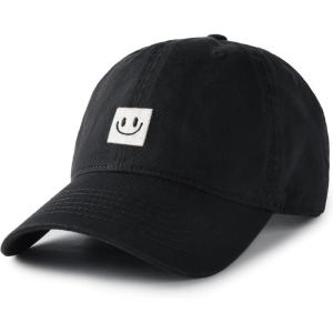 imageFURTALK Smile Face Baseball Cap for Women Men Adjustable Unstructured Washed Low Profile Baseball HatBlack