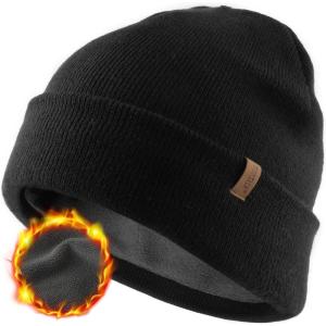 imageFURTALK Mens Beanie Fleece Lined Winter Hats Double Layered Stylish Knited Cuffed Plain HatBlack