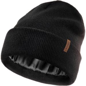 imageFURTALK Satin Lined Beanie for Women Men Knit Beanie Hat Acrylic Winter Hats Warm Slouchy Skull CapBlack