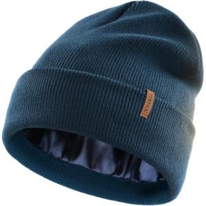 imageFURTALK Satin Lined Beanie for Women Men Knit Beanie Hat Acrylic Winter Hats Warm Slouchy Skull CapBlue