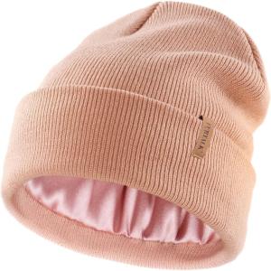 imageFURTALK Satin Lined Beanie for Women Men Knit Beanie Hat Acrylic Winter Hats Warm Slouchy Skull CapPink