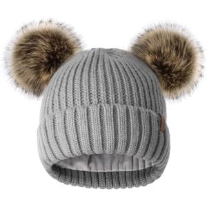 imageFURTALK Fleece Lined Cute Winter Beanie Hats for Women Girls Warm Knit Hats with Double Faux Fur Pom PomsLight Greyfleece Lining