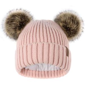 imageFURTALK Fleece Lined Cute Winter Beanie Hats for Women Girls Warm Knit Hats with Double Faux Fur Pom PomsPink