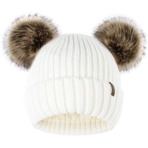 imageFURTALK Fleece Lined Cute Winter Beanie Hats for Women Girls Warm Knit Hats with Double Faux Fur Pom PomsWhitefleece Lining