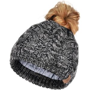 imageFURTALK Ponytail Beanies for Women Messy Bun Winter Hat with Tail Hole Warm Lined Knit Skull Beanie Outdoor Runner CapBlack Grey