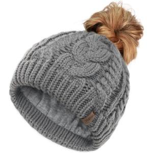 imageFURTALK Ponytail Beanies for Women Messy Bun Winter Hat with Tail Hole Warm Lined Knit Skull Beanie Outdoor Runner CapGrey
