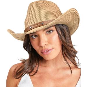 imageFURTALK Straw Cowboy Sun Hats for Women Men Western Cowgirl Hats with Wind Lanyard UPF 80 Beach HatKhaki