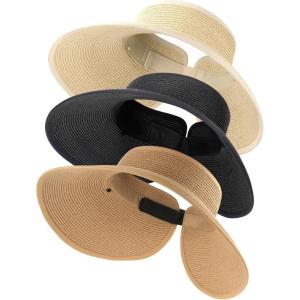 imageFURTALK Straw Sun Visor Hats for Women UPF 80 Wide Brim Pontytail Summer Beach HatsKhakiblackmix Beige