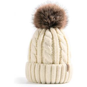 imageFURTALK Winter Beanie Knit Hat for Women Warm Fleece Lined with Faux Fur Pom Poms Womens Thick Ski Hats Knitted Skull CapBeige