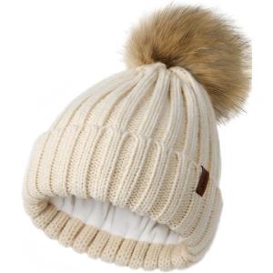 imageFURTALK Womens Winter Beanie Hat Fleece Lined Faux Fur Pom Pom Knitted Warm Beanie for WomenBeige