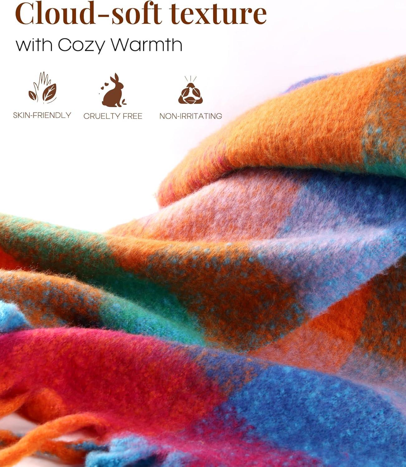 imageFURTALK Winter Plaid Scarf for Women Oversized Chunky Thick Blanket Scarves Warm Colorful Long WrapRedorange