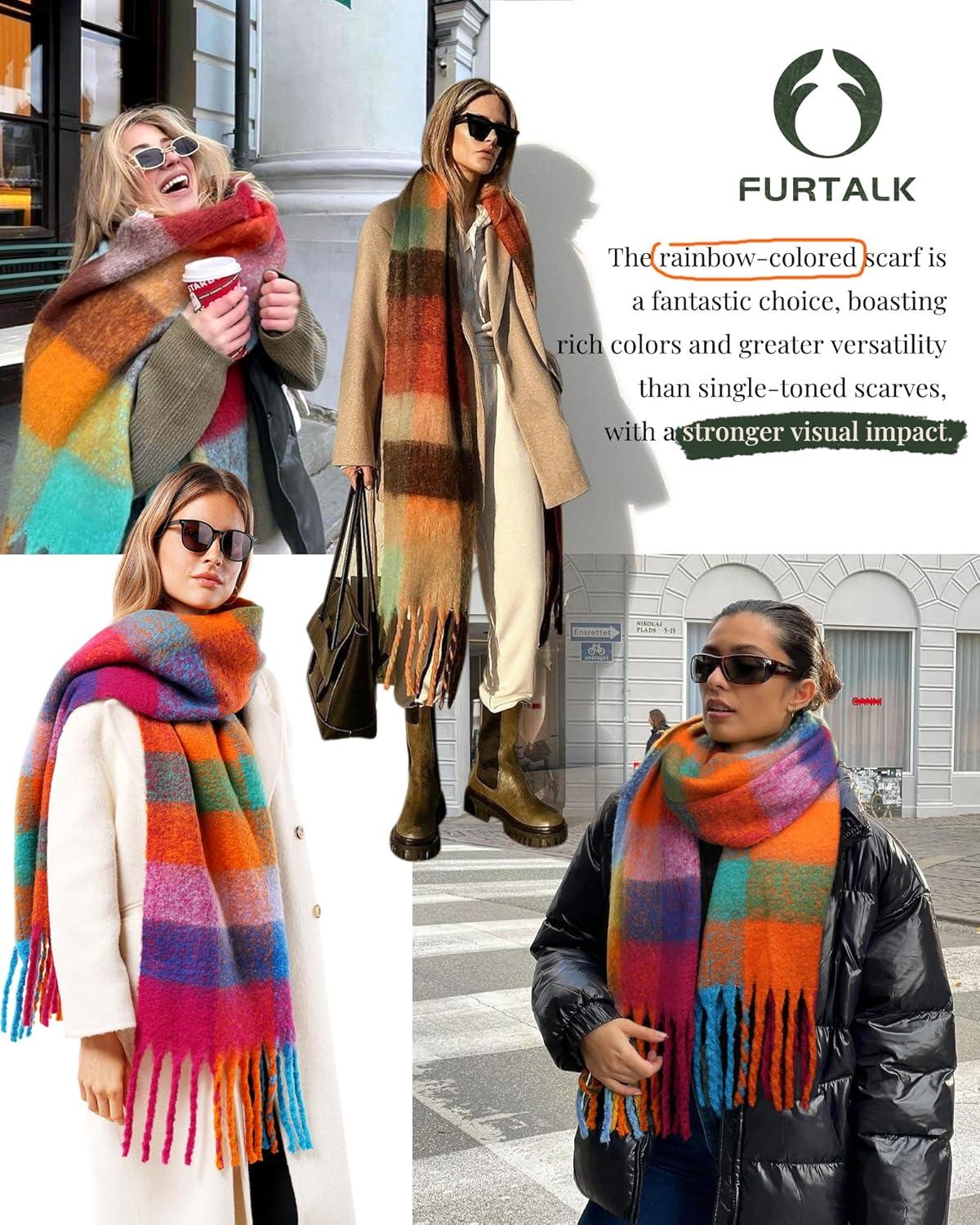 imageFURTALK Winter Plaid Scarf for Women Oversized Chunky Thick Blanket Scarves Warm Colorful Long WrapRedorange