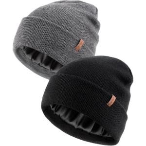 imageFURTALK 2 Pack Satin Lined Beanie for Men Women Acrylic Winter Hats Warm Silky Skull CapBlackgray