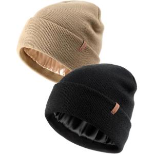 imageFURTALK 2 Pack Satin Lined Beanie for Men Women Acrylic Winter Hats Warm Silky Skull CapBlacklight Khaki