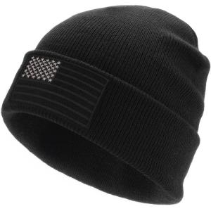 imageFURTALK American Flag Embroidered Beanie for Men Women Winter Hat Knitted Unisex Skull CapBlack