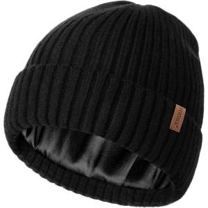 imageFURTALK Satin Lined Knit Beanie for Men Women Winter Hats Silk Lining Slouchy Warm Cuffed CapBlack