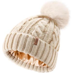 imageFURTALK Satin Lined Winter Hats for Women Men Knit Beanie Hat Warm Pom Pom CapBeige