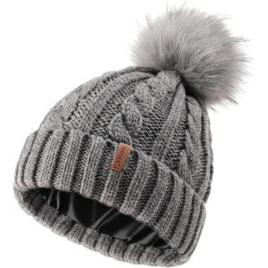 imageFURTALK Satin Lined Winter Hats for Women Men Knit Beanie Hat Warm Pom Pom CapGray