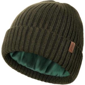 imageFURTALK Satin Lined Knit Beanie for Men Women Winter Hats Silk Lining Slouchy Warm Cuffed CapGreen