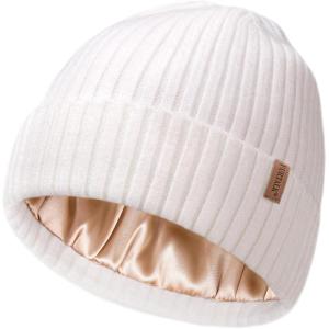 imageFURTALK Satin Lined Knit Beanie for Men Women Winter Hats Silk Lining Slouchy Warm Cuffed CapWhite