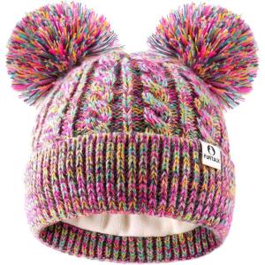 image:imageFURTALK Girls Winter Beanie Hat with Double Knitted Pom Pom Warm Fleece Lined Knit Soft Skull Cap for Toddler KidsMulticolor
